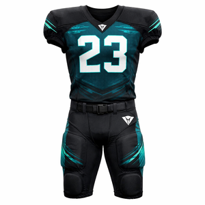 ชุดยูนิฟอร์มอเมริกันฟุตบอลแบบกำหนดเองสำหรับผู้ชาย เสื้อเจอร์ซีย์สีดำ-เขียวอมฟ้าและกางเกงขายาว โพลีเอสเตอร์ระบายอากาศได้ดี ชุดกีฬาสำหรับทีมฝึกซ้อม - Product Image 1