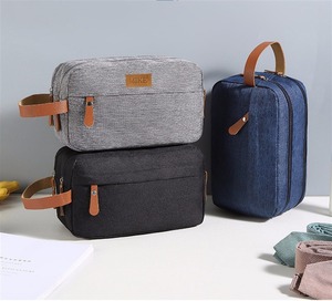 Trousse de Toilette Imperméable en Toile et Cuir à Double Fermeture Éclair avec Logo Personnalisé, Trousse de Voyage pour Rasage, Pochette Cosmétique LCTB-0038 - Product Image 1