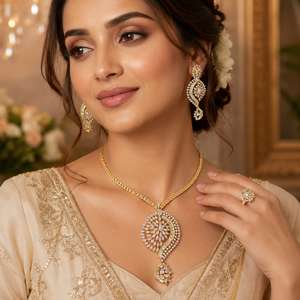 LISAJEWELLERS - Juego de Collar y Pendientes Clásicos de Latón con Baño de Rodio y Circonitas, Diseño Paisley, para Mujer, Regalo de Boda, Fiesta - Product Image 1