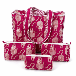 Ensemble de sacs à main en coton matelassé rayé rose, pochettes cosmétiques imperméables pliables, organiseur de voyage pour femmes - Product Image 2