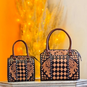 Brown Black Color Checkered Diamond Pattern Hand Tooling Florals Carved 100% Genuine Leather Material High Quality Waterproof - Product Image 4