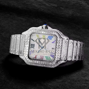 Montre à quartz carrée pour homme Mikdio, acier inoxydable, bracelet automatique de 20 mm, argent, style hip-hop, cadran serti de diamants, chiffres romains, date - Product Image 3
