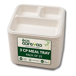 Arya Digital Bagasse 3 Compartment Meal <b>Trays</b> 32 oz Strong <b>Oil</b> & Water Resistant Disposable Plates for Home Hotel Commercial Use - Product Image 2