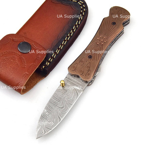 UA Supplies Hand Engraved <b>Copper</b> Handle Damascus Steel EDC Thumb <b>Knob</b> Liner Lock Folding Hunting Knife Leather Pouch Outdoor - Product Image 6