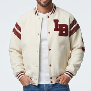 Chaqueta Varsity Crema Personalizada de Alta Calidad para Hombre con Bordado LB Rojo y Mangas con Rayas, Estilo Preppy para Otoño - Product Image 1