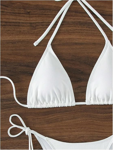 Ensemble bikini blanc pour femme, haut croisé à nouer, bas string à nouer sur les côtés, maillot de bain deux pièces en Spandex et Nylon, coupe extensible - Product Image 3