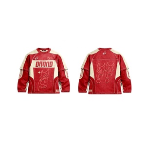 Nouvelle arrivée, sweat-shirt à manches longues en denim délavé de couleur rouge pour homme, col rond, patchwork, pull personnalisé, streetwear - Product Image 1