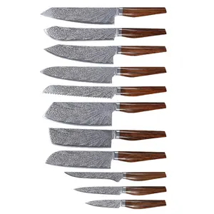 Set pisau dapur besi tahan karat, set pisau pola Damaskus untuk memotong pengiris sayuran koki roti dan pisau buah