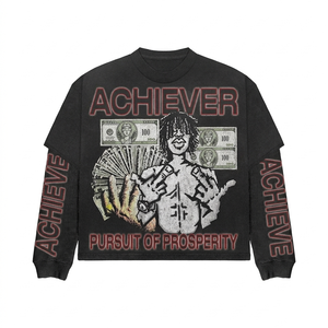 เสื้อยืดคอตตอนพรีเมียมสองชั้น พิมพ์ลายกราฟิก สไตล์ตะวันตก แขนเสื้อตัดสี โลโก้สั่งทำได้ เสื้อยืดสองชั้นเท่ๆ สำหรับผู้ชาย - Product Image 3