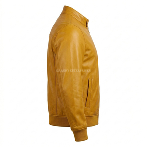 Blouson en cuir jaune moutarde pour homme, sur mesure, en peau de mouton, coupe bomber, avec bordure côtelée, coupe ajustée, vêtement coupe-vent, vente en gros - Product Image 4