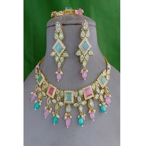 Adorable Premium Quality Gold Plated Moissanite Classic Engagement Party Wedding Necklace <b>Set</b> with Earrings Tikka Women - Product Image 1