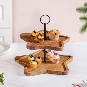 Support à gâteau en bois d'acacia en forme d'étoile à 2 niveaux, plateau de service en bois, présentoir à desserts pour mariage, anniversaire, fête, plateau à pâtisserie - Product Image 1
