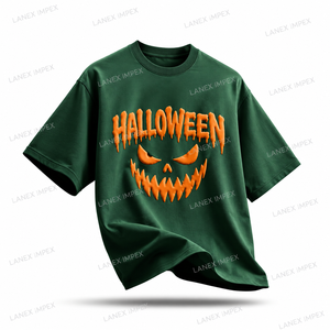 T-shirt graphique personnalisé Halloween, impression 3D en relief, motif visage de citrouille, vert, coton oversize, pour hommes et femmes, streetwear décontracté - Product Image 2