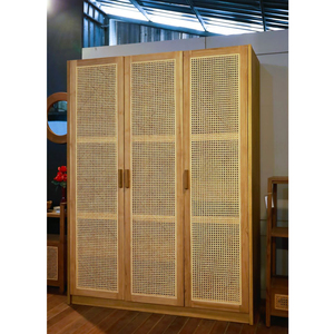 Enzo 3-Door Solid Teak Wood & Rattan Freestanding <b>Large</b> Capacity <b>Wardrobe</b> Home Furniture for Bedroom - Product Image 1