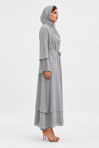 Robe Abaya Décontractée ODM Élégante et Modeste en Polyester avec Hijab Assorti, Ceinture, Design Superposé Fluide, Douce, Respirante, Antistatique, Longueur au Sol - Product Image 2