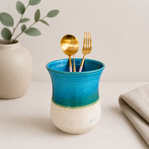 Artisan Ceramic <b>Utensil</b> Holder Curved Silhouette Reactive Glaze Kiln Fired Heat Resistant Durable Kitchen Counter Organizer - Product Image 6
