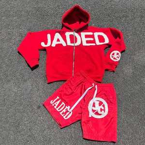 Ensemble de survêtement homme en coton avec logo brodé personnalisé, effet vieilli, comprenant un sweat à capuche oversize et un short - Product Image 2