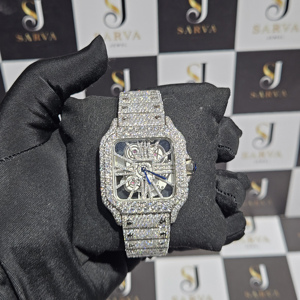 SARVA Rectangle Analog Iced Moissanite <b>Automatic</b> <b>Skeleton</b> <b>Watch</b> 41mm Sapphire Crystal Stainless Steel Luxury Hip Hop Mechanical - Product Image 1