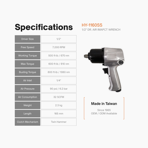Llave de Impacto Neumática de 1/2'' de Alta Resistencia con Embrague de Doble Martillo, 600 Ft-lb de Torque Máximo, Personalizable OEM HY-1160SS - Product Image 2