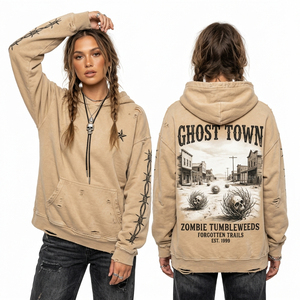 Sweat à capuche beige vieilli pour femme, imprimé fil de fer barbelé, sweat-shirt graphique personnalisé, pull vintage beige Ghost Town, vente en gros - Product Image 1