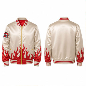 Blouson bomber crème pour homme avec imprimé flamme rouge et patch spirale, col montant, fermeture éclair, style décontracté, matière polyester - Product Image 1