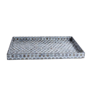 Bandeja de servir artesanal con incrustaciones de nácar, decorativa, gris, con patrón geométrico cruzado, de madera, bandeja de servir MOP, decoración de lujo para el hogar - Product Image 2