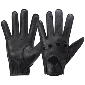 Gants en cuir perforés noirs à doigts complets - Mitaines robustes pour la conduite et le cyclisme - Accessoires de course en cuir véritable pour hommes - Product Image 1
