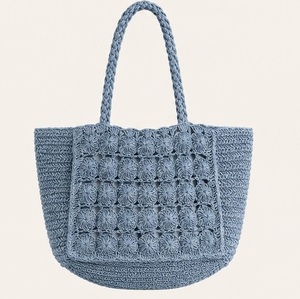Sac fourre-tout au crochet couleur unie style bohème, sac à main ouvert pour femme, sac de plage d'été - Product Image 5