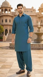Conjunto de Kurta y Pijama de Algodón Color Verde Azulado para Hombre, Manga Larga, Color Sólido, Ropa Casual Diaria, Estilo Étnico de India y Pakistán - Product Image 4