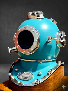 Casco de Buceo Azul Cielo con Base de Madera, Casco de Buceo Profundo, Decoración Náutica Vintage, Decoración Marítima - Product Image 2