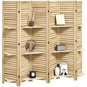 67\" Tall Natural Wood Privacy <b>Screen</b> Room Divider with 3 Shelves and Folding Storage 6 Panel <b>Screen</b> for <b>Bedroom</b> - Product Image 1