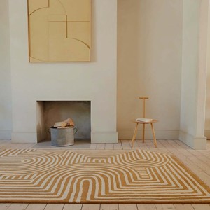 Tapis d'appoint abstrait moderne, géométrique, tufté à la main, en laine/coton, antidérapant, jaune crème, motif contemporain pour salon - Product Image 4