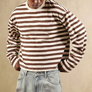 Premium Stitching Wholesale Men's <b>Brown</b> And White Striped O-Neck <b>Long</b> <b>Sleeve</b> Knitted T-Shirt Casual Style Plus Size Cotton <b>Top</b> - Product Image 6