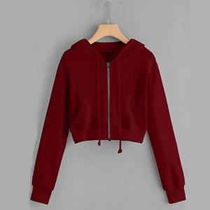 High Quality Women's <b>Cropped</b> Hooded <b>Zip</b>-<b>Up</b> Sweatshirt Solid Colors Long Sleeve 100%Cotton Knitted Breathable Anti-Wrinkle Winter - Product Image 5