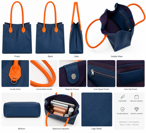 Bolsa de Compras Reutilizable Grande Azul de PU con Asas Naranjas, Diseño de Asa Superior para Supermercado y Uso Diario - Product Image 4