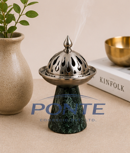 Green Marble Incense Burner with Metal Dome Lid Teardrop Carved Bakhoor Holder Arabic Mubkhar Oud Censer For Home <b>Decor</b> - Product Image 2