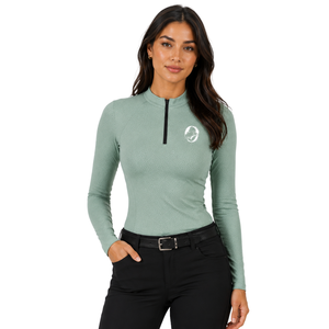 <b>Womens</b> Sage Green Horse Riding Long Sleeve Equestrian Training Shirt <b>Quarter</b> <b>Zip</b> Stretch Breathable Printed Eco-Friendly - Product Image 1