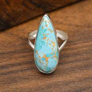 Bague en turquoise bleu cuivre, argent sterling 925, bijoux ethniques faits à la main, bague en turquoise naturelle, cadeau pour elle - Product Image 1