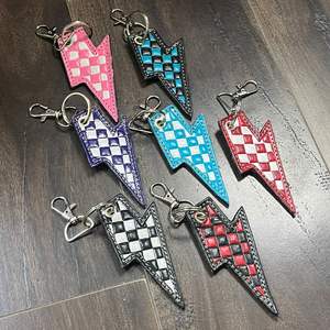 Handmade Cowhide Leather Lightning Bolt <b>Keychain</b> Checkerboard Pattern Key <b>Ring</b> Bag Charm Customized Color Fashion Accessory - Product Image 5