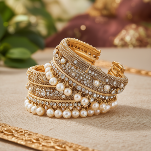 Nova Mart Kundan Alloy Gold Plated Oxidized Polish Bangles-Trendy Vintage Wedding Jewelry with Pearl & Diamond - Product Image 3