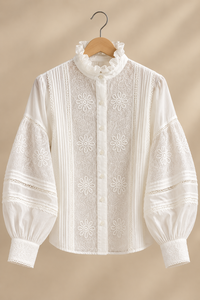 Women's <b>White</b> <b>Lace</b> Blouse With Ruffled Collar Balloon Sleeves Floral Embroidery Prairie Chic Style Loose Fit Full Sleeve - Product Image 3