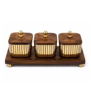 Ensemble de bols à dattes de luxe en bois avec plateau, récipient à condiments en métal doré cannelé et bols à snacks, et articles de cuisine pour cadeaux de mariage - Product Image 1