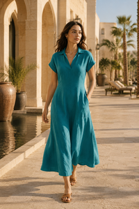 Robe chemise en lin pour femme, décontractée, col en V, mi-longue, manches courtes, coupe trapèze, robe d'été élégante pour le travail et le bureau, avec poches - Product Image 4
