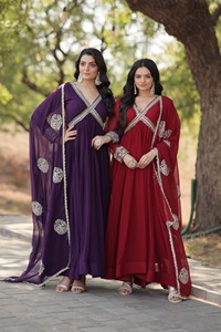 Women Faux Blooming Gown with Embroidery Zari Sequence Work Anarkali gowns for Indian and Pakistani <b>Wedding</b> Wear Low Price Gowns - Product Image 3