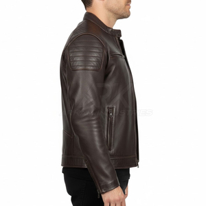 Veste moto en cuir véritable pour homme, col montant, fermeture éclair, coupe classique, style automne, marron foncé, couleur unie - Product Image 2