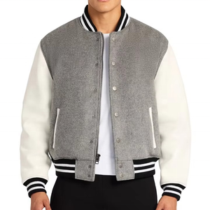Top Quality Custom Men's Varsity <b>Jacket</b> With Leather Sleeves Winter Men's <b>Jackets</b> Custom logo Grey <b>White</b> Colour - Product Image 1