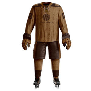 Ensemble uniforme de hockey pour homme, marron grain de bois, 100 % polyester, respirant, maillot, short, gants, patins, taille adulte - Product Image 2