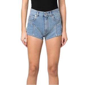 Shorts de mezclilla de cintura alta para mujer, elásticos, estampados, de pierna recta, talla grande, lavado arena, moda casual de verano - Product Image 3