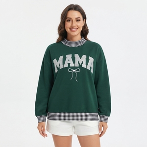 Sweat-shirt surdimensionné vert à imprimé pailleté « Mama » pour femme, col rond, bordure à carreaux, tenue décontractée d'automne, vente en gros - Product Image 1