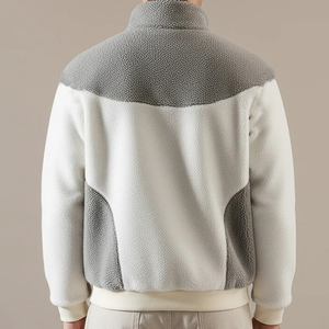 Custom Color block <b>Sherpa</b> Fleece Jacket for Men Teddy Zip-Up Winter Wear Jacket with High Collar Contrast Panels OEM - Product Image 2